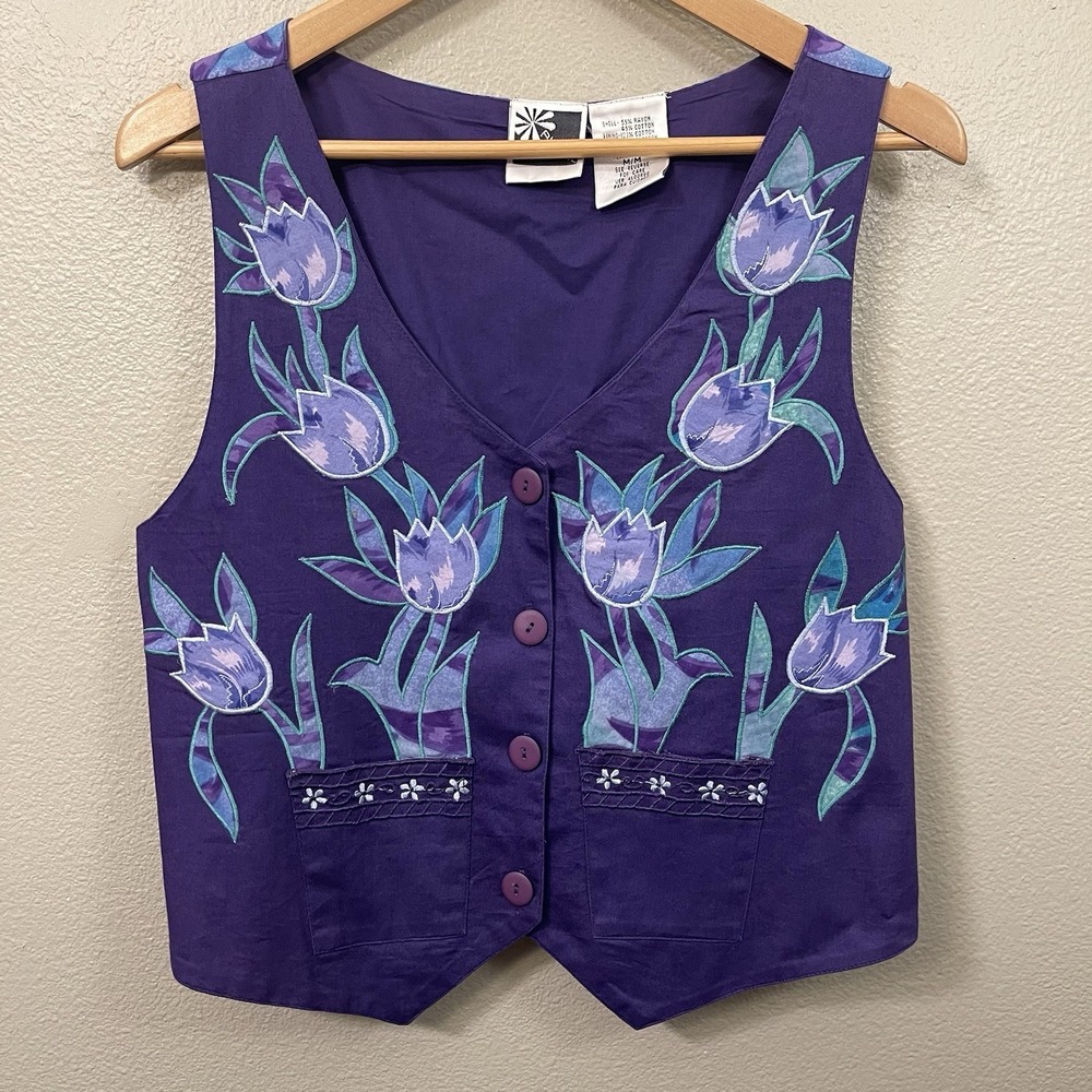 VTG Phool Embroidered Floral Vest Appliqués Purple Blue Boho Cottage Hippie Sz M
